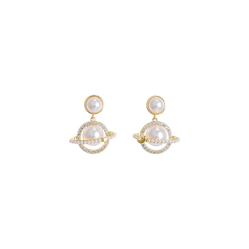 Orbit Glow – Pearl Planet Drop Earrings