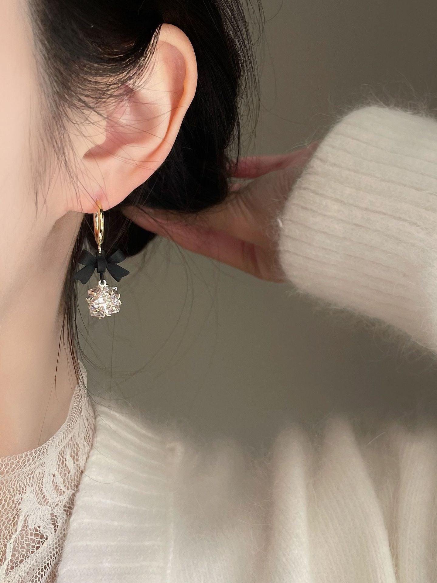 Noir Bloom – Bow & Crystal Drop Earrings
