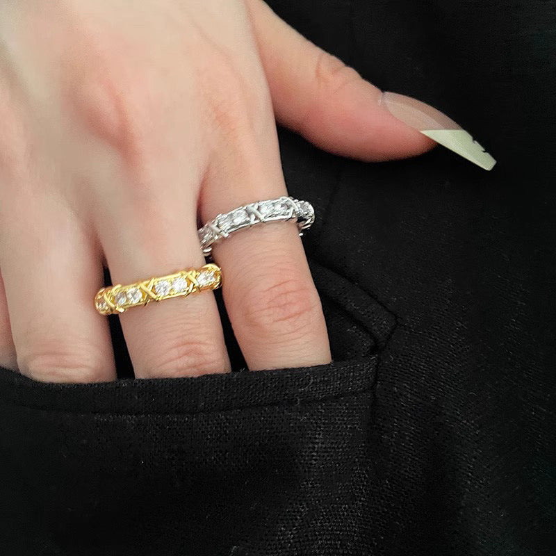 Lattice Gleam – Sterling Silver Criss-Cross Pavé Open Ring - Una