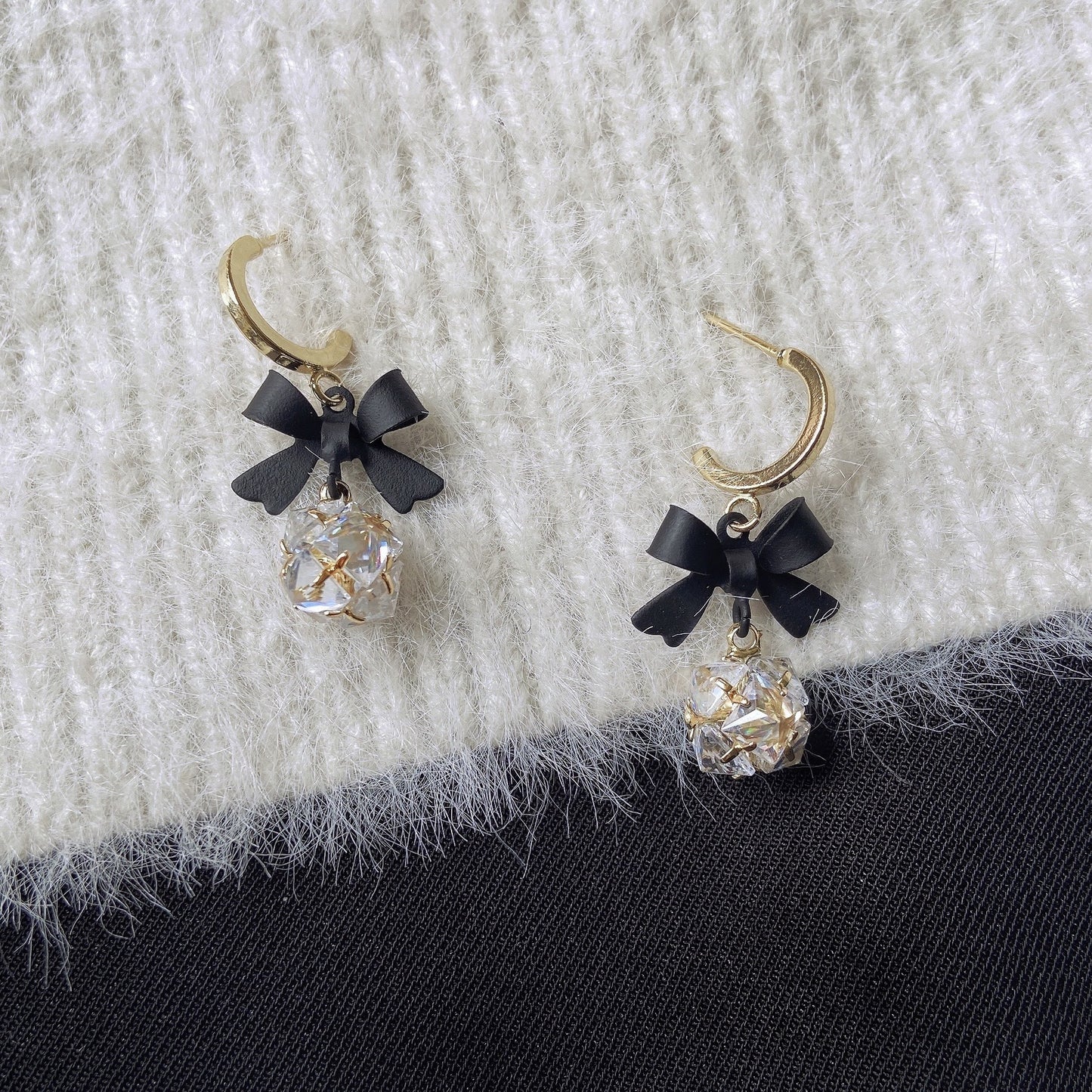 Noir Bloom – Bow & Crystal Drop Earrings
