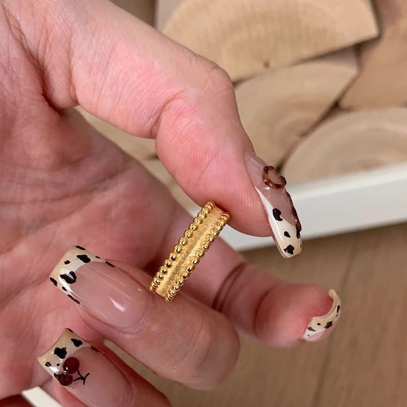 Golden Thread – Brushed Sterling Silver Beaded Edge Open Ring (Gold Tone) - Una