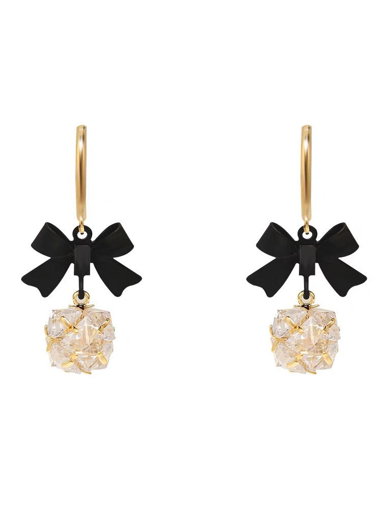 Noir Bloom – Bow & Crystal Drop Earrings