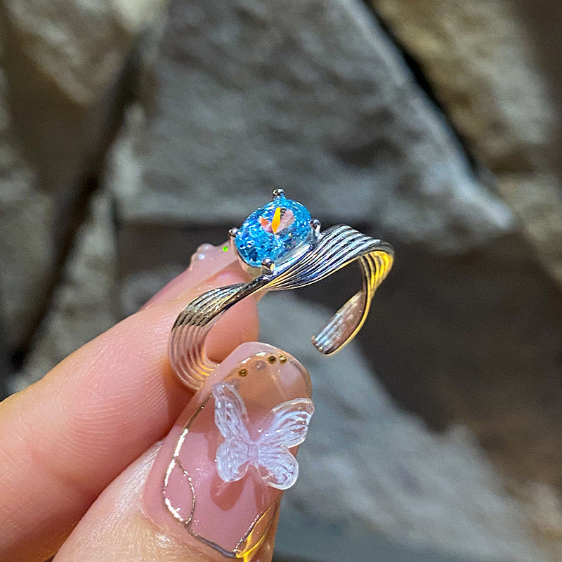 Ocean Twist – Sterling Silver Open Ring with Blue Zircon - Una