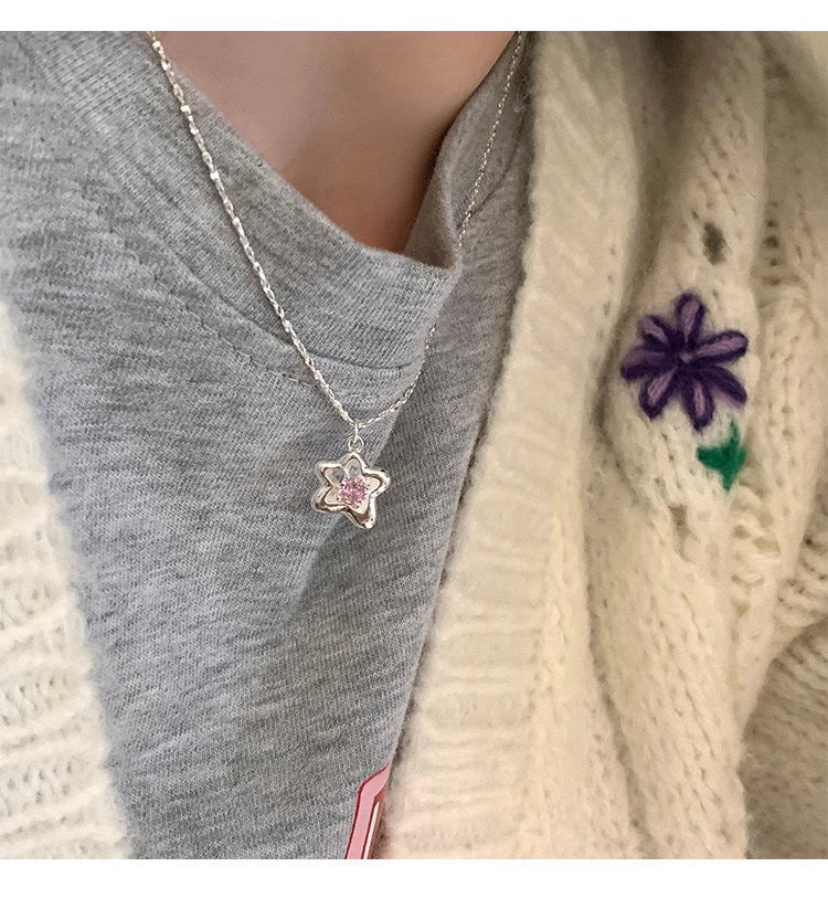 Pink Starburst Necklace -Sterling Silver with Soft Pink Zircon - Una