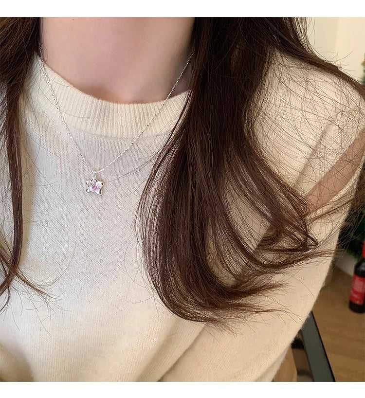Pink Starburst Necklace -Sterling Silver with Soft Pink Zircon - Una