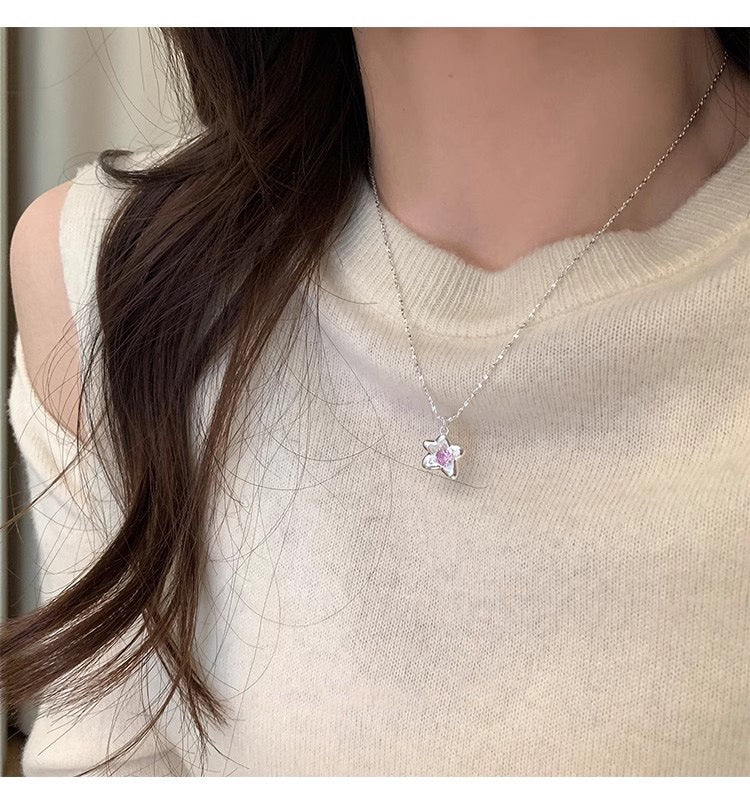 Pink Starburst Necklace -Sterling Silver with Soft Pink Zircon - Una