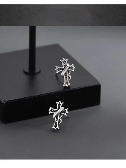 Gothic Cross Earrings – Oxidized Sterling Silver Studs (Unisex) - Una