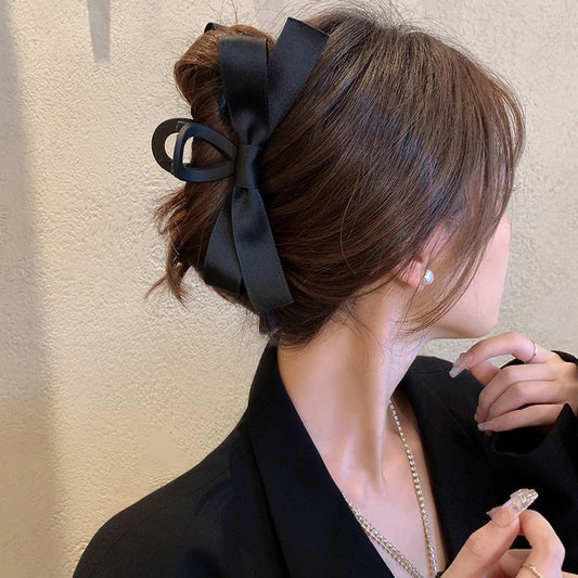 Midnight Poise – Large Satin Bow Claw Clip - Una