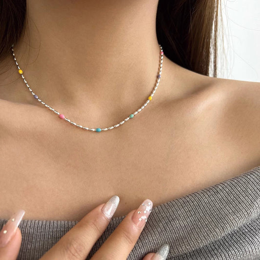 Pastel Pebbles – Sterling Silver Necklace with Rainbow Bean Beads - Una