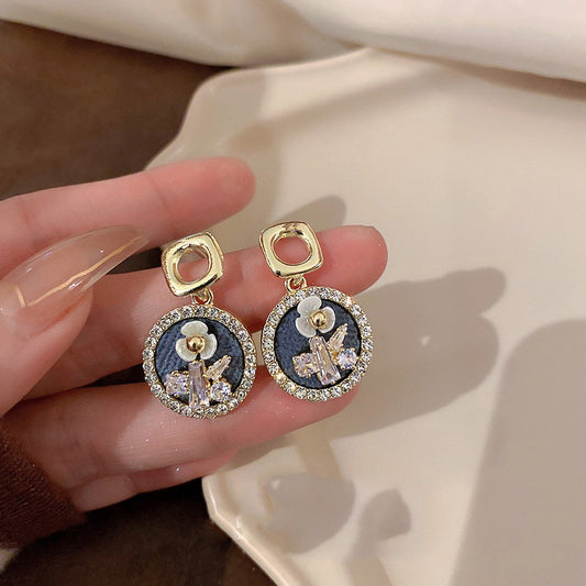 Denim Bloom – Crystal Embroidered Drop Earrings