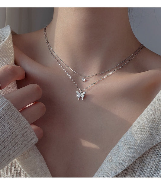 Wings in Bloom – Sterling Silver Double Butterfly Necklace - Una