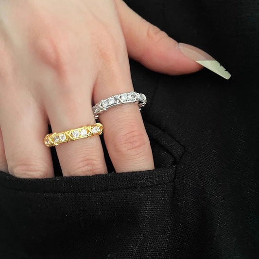 Lattice Gleam – Sterling Silver Criss-Cross Pavé Open Ring - Una