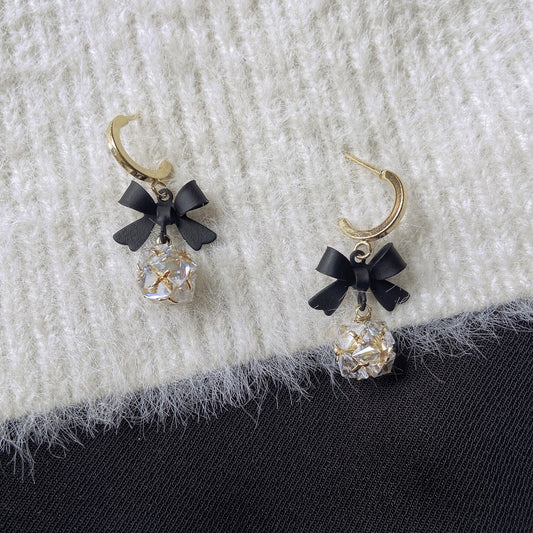 Noir Bloom – Bow & Crystal Drop Earrings