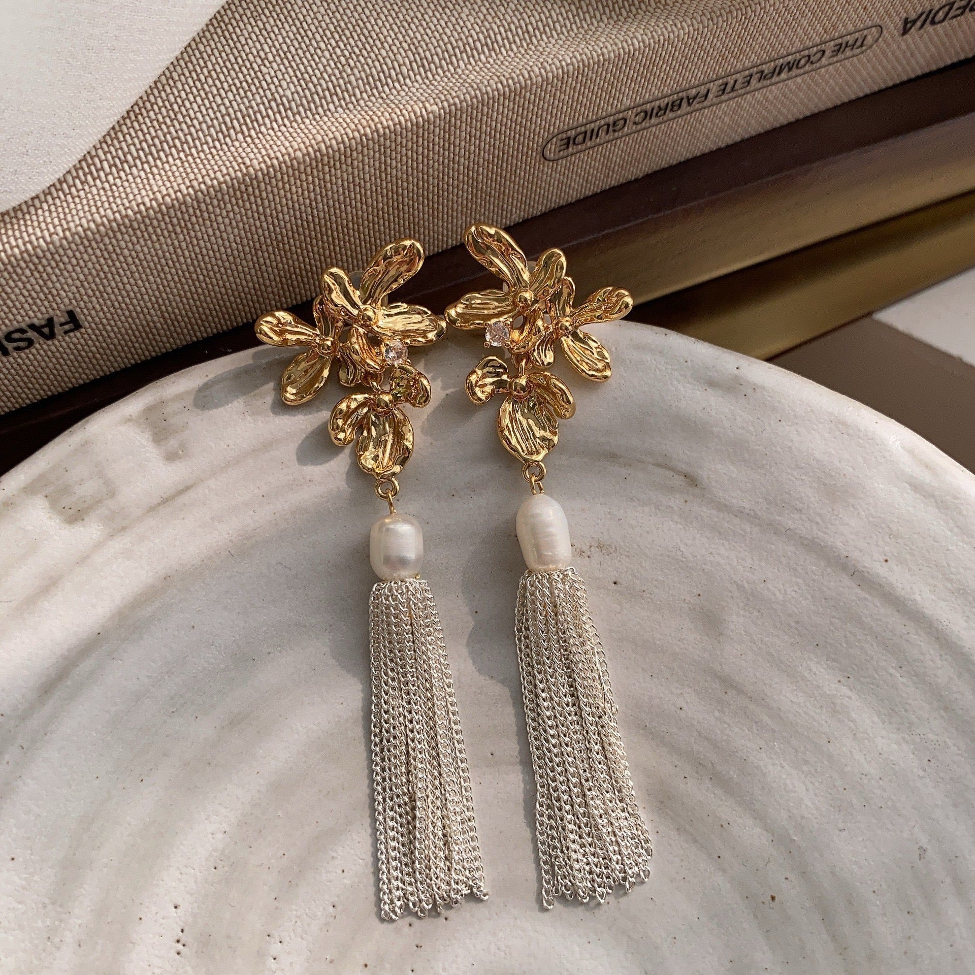 Gold Floral Tassel with Pearl Accent - Una