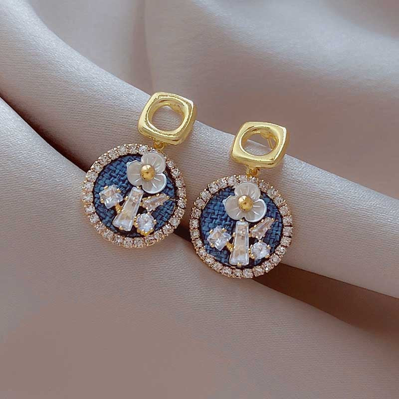 Denim Bloom – Crystal Embroidered Drop Earrings
