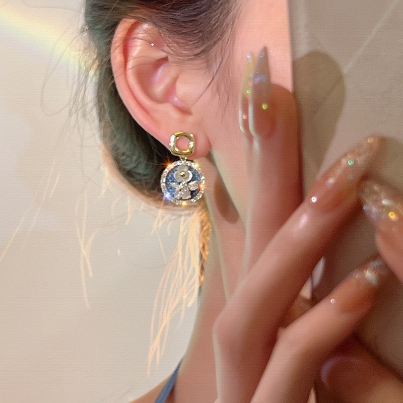 Denim Bloom – Crystal Embroidered Drop Earrings