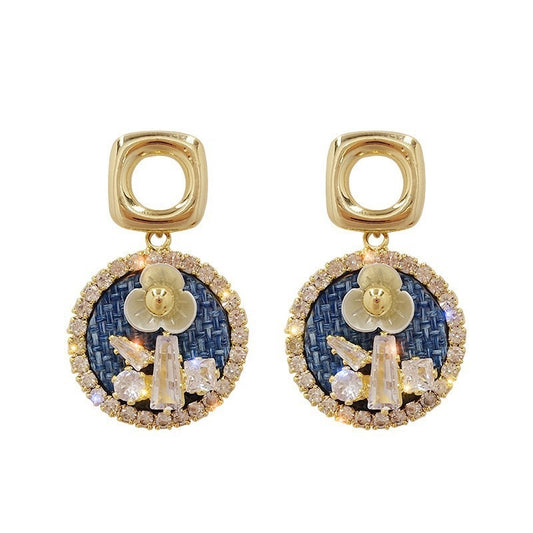 Denim Bloom – Crystal Embroidered Drop Earrings