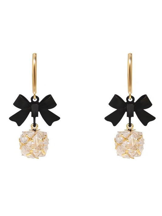 Noir Bloom – Bow & Crystal Drop Earrings